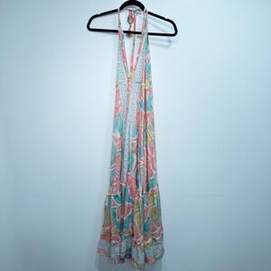 Wevez Pink Floral Tassel Tie‎ Silk Maxi Dress Size Medium